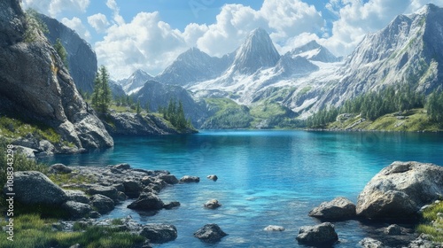 Serene blue lake embraced by rugged rocky shores and towering snow-capped mountains under a bright sky with fluffy clouds