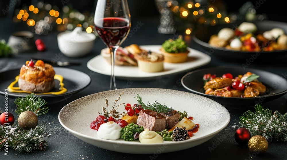 Elegant festive table setting for Christmas and New Year showcasing gourmet dishes with a decadent main course, seasonal decorations, and fine wine Elegant festive table setting for Christmas and New Year showcasing gourmet dishes with a decadent main course, seasonal decorations, and fine wine