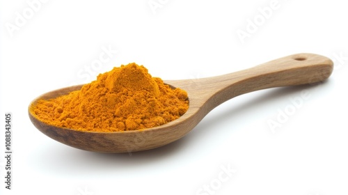 Turmeric powder heaped in a rustic wooden spoon against a clean white backdrop, showcasing its vibrant yellow-orange color and fine texture.