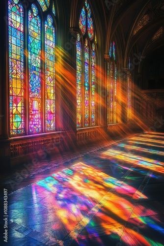 Stunning Stained Glass Windows Casting Vibrant Rainbow Light in Historic Cathedral Interior photo