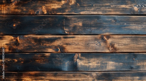 Rustic dark brown wooden planks with a grunge finish, perfect for creating a vintage background or banner design with an earthy, textured appeal.