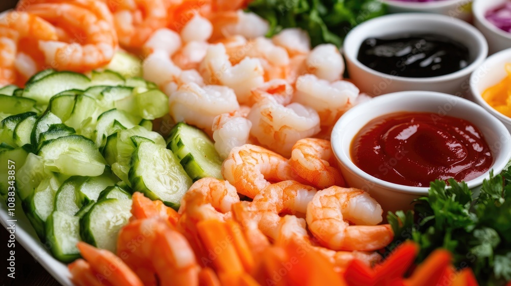 A vibrant seafood platter featuring an array of freshly cooked shrimp, crisp vegetables like cucumbers and carrots, and a selection of flavorful dipping sauces in small bowls. A vibrant seafood platter featuring an array of freshly cooked shrimp, crisp vegetables like cucumbers and carrots, and a selection of flavorful dipping sauces in small bowls.