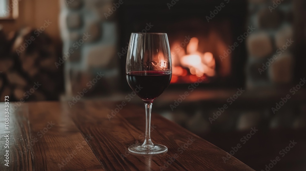 Red wine glass on a wooden table with a cozy fireplace glowing warmly in the background, creating an inviting atmosphere. Red wine glass on a wooden table with a cozy fireplace glowing warmly in the background, creating an inviting atmosphere.
