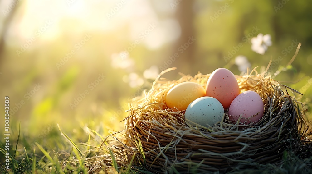Easter eggs in soft pastel shades nestled in hay inside a vintage wicker basket, placed on a grassy field, warm sunlight highlighting the scene, countryside backdrop, photorealistic rendering, Easter eggs in soft pastel shades nestled in hay inside a vintage wicker basket, placed on a grassy field, warm sunlight highlighting the scene, countryside backdrop, photorealistic rendering,