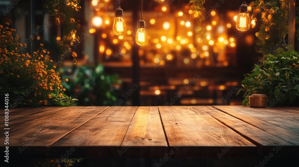 Wooden tabletop in a cafe setting with greenery and warm bokeh lighting, perfect for product displays and presentation templates. Wooden tabletop in a cafe setting with greenery and warm bokeh lighting, perfect for product displays and presentation templates.