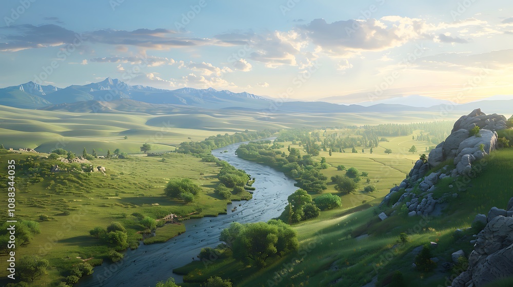 Naklejka premium A scenic river winding through a valley, with rolling hills and distant mountains.