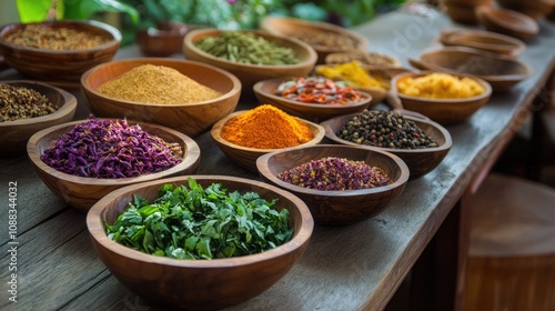 Assorted vibrant spices and herbs displayed in rustic wooden bowls on a weathered table, showcasing a rich palette of colors and textures.