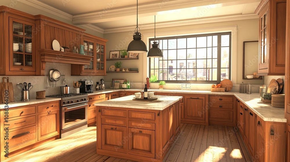 Sunlit Rustic Kitchen Island and Wooden Cabinets Sunlit Rustic Kitchen Island and Wooden Cabinets
