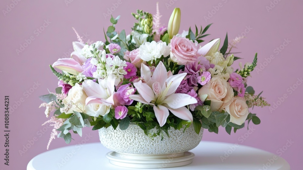 Elegant floral arrangement in a textured white bowl featuring pink lilies, roses, and greenery, set against a soft pink background on a circular pedestal. Elegant floral arrangement in a textured white bowl featuring pink lilies, roses, and greenery, set against a soft pink background on a circular pedestal.