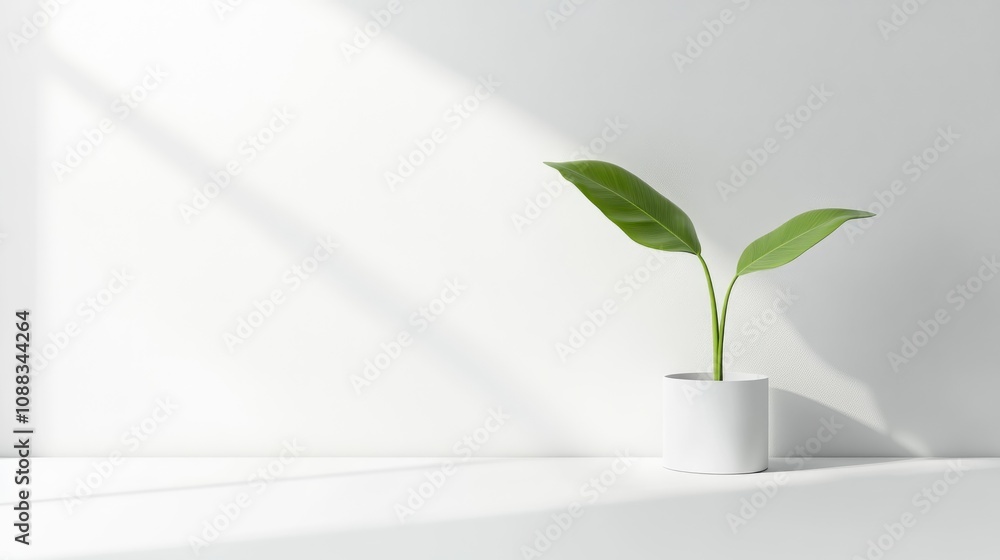 Minimalist white desk with a small green plant in a white pot, illuminated by natural light against a clean white background, perfect for mockup displays. Minimalist white desk with a small green plant in a white pot, illuminated by natural light against a clean white background, perfect for mockup displays.