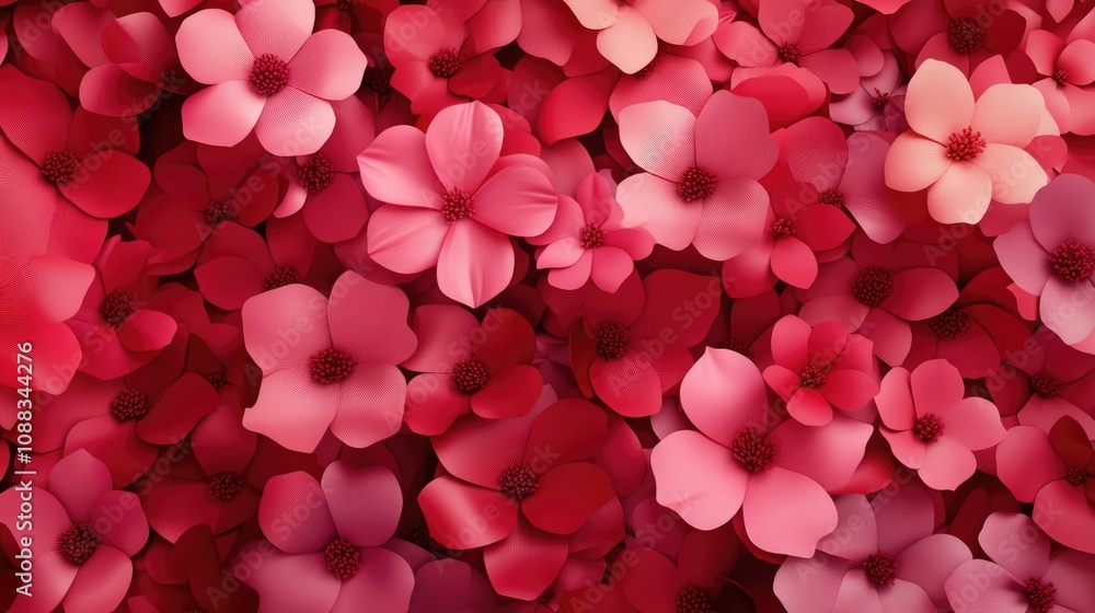 Vibrant 3D render of lush pink and red paper flowers, creating a romantic floral backdrop ideal for Valentine's Day celebrations, featuring intricate petal designs and vivid colors. Vibrant 3D render of lush pink and red paper flowers, creating a romantic floral backdrop ideal for Valentine's Day celebrations, featuring intricate petal designs and vivid colors.