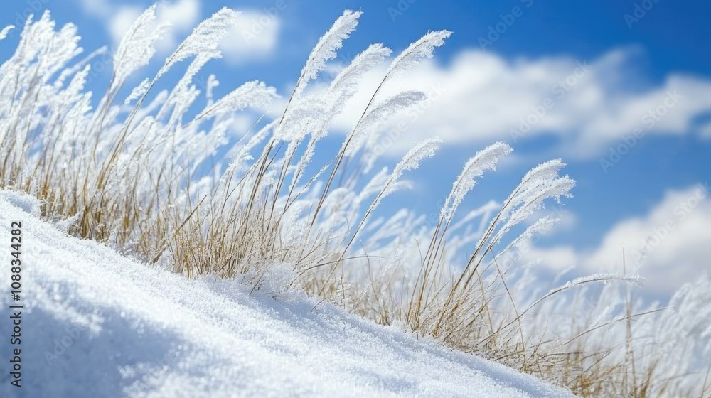 Delicate white grass swaying gently against a bright blue sky dotted with fluffy clouds, capturing a serene winter landscape. Delicate white grass swaying gently against a bright blue sky dotted with fluffy clouds, capturing a serene winter landscape.