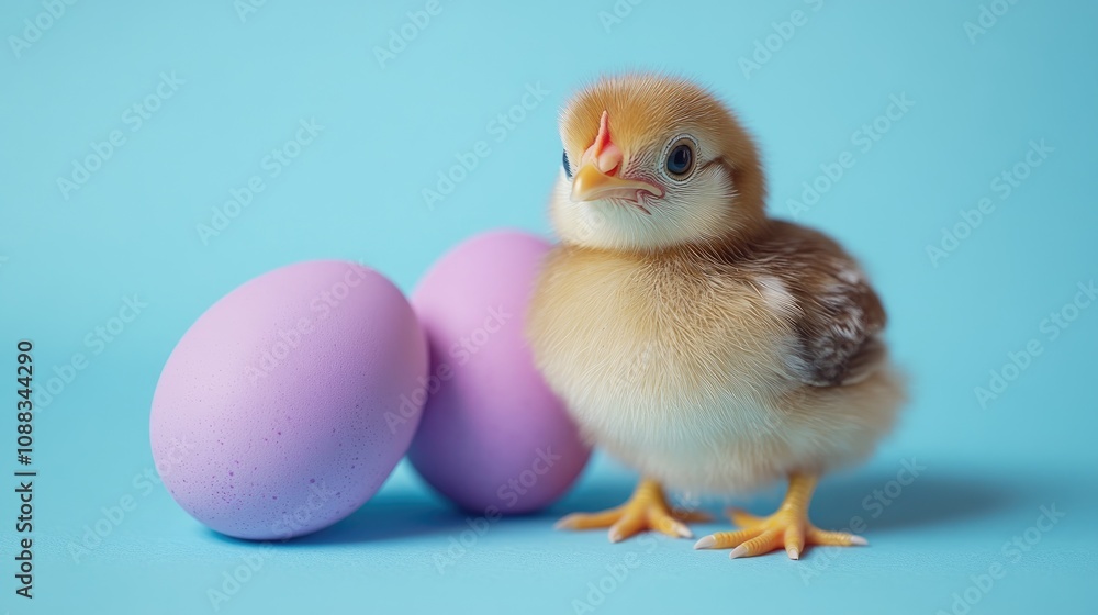 Violet Easter eggs next to a fluffy chick on a bright blue background, creating a cheerful spring celebration scene. Violet Easter eggs next to a fluffy chick on a bright blue background, creating a cheerful spring celebration scene.