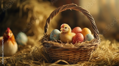 Easter eggs nestled in a rustic basket filled with hay, set against a background of hay bales and free-range chickens pecking around, natural light casting soft shadows, photorealistic textures,