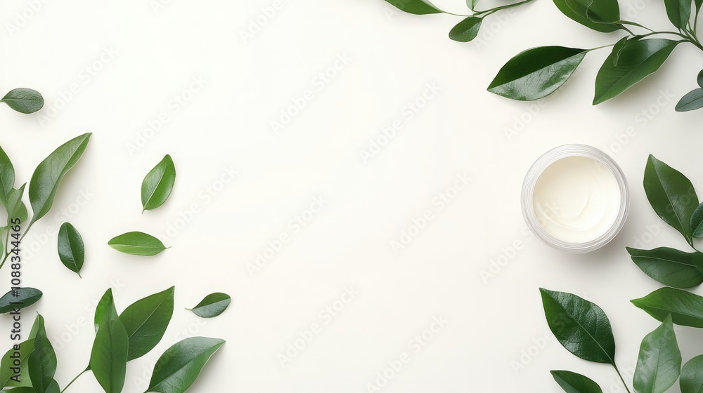 Cosmetic cream container surrounded by fresh green leaves on a white backdrop, perfect for organic skincare and homemade spa concepts with ample space for text. Cosmetic cream container surrounded by fresh green leaves on a white backdrop, perfect for organic skincare and homemade spa concepts with ample space for text.