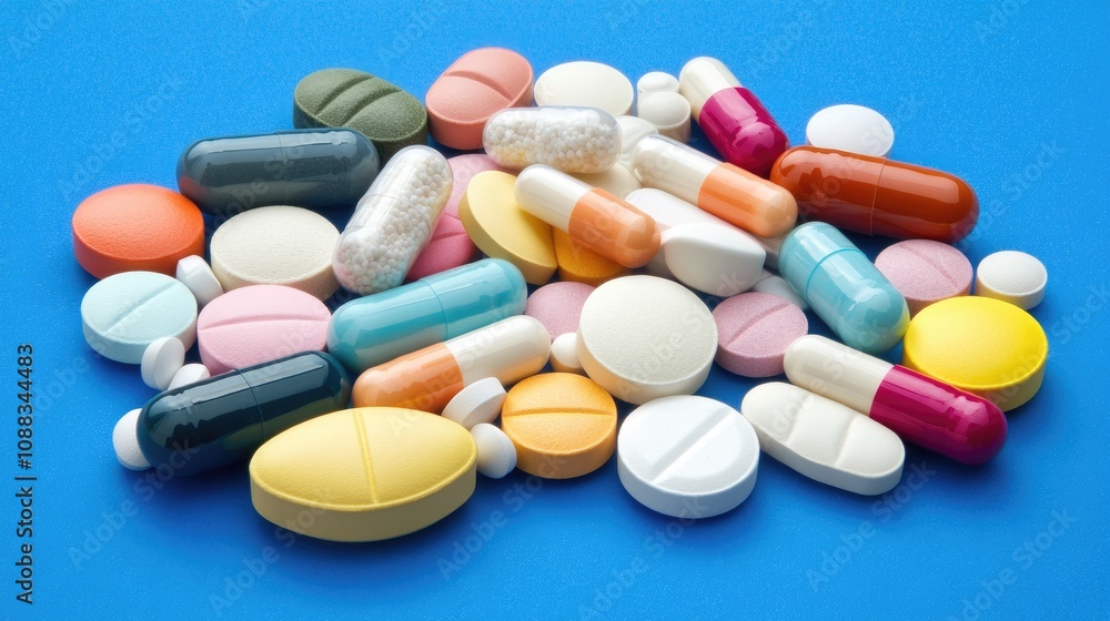 Colorful collection of pharmaceutical pills, tablets, and capsules featuring various shapes and sizes, set against a bright blue background in a flat lay view. Colorful collection of pharmaceutical pills, tablets, and capsules featuring various shapes and sizes, set against a bright blue background in a flat lay view.