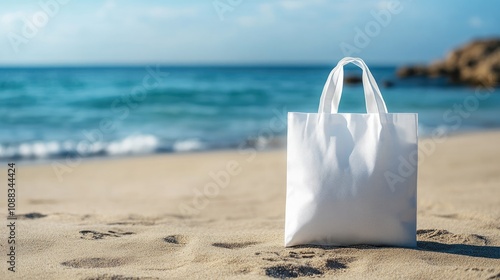 Wallpaper Mural White cotton tote bag resting on sandy beach shore with calm ocean waves, ideal for eco-friendly shopping and recycling concept mockup. Torontodigital.ca
