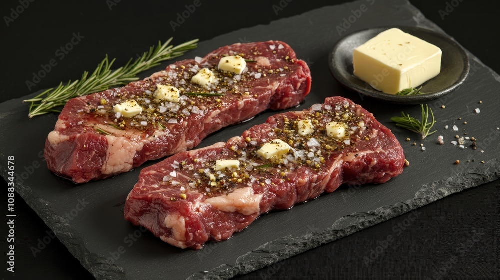 Fresh Raw Beef Steaks Decorated with Rosemary and Seasoned Butter on a Slate Platter with a Touch of Sea Salt Fresh Raw Beef Steaks Decorated with Rosemary and Seasoned Butter on a Slate Platter with a Touch of Sea Salt