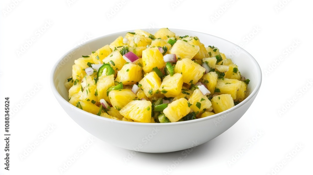 A bowl of tangy pineapple coconut salsa with diced pineapple, shredded coconut, jalapeno A bowl of tangy pineapple coconut salsa with diced pineapple, shredded coconut, jalapeno