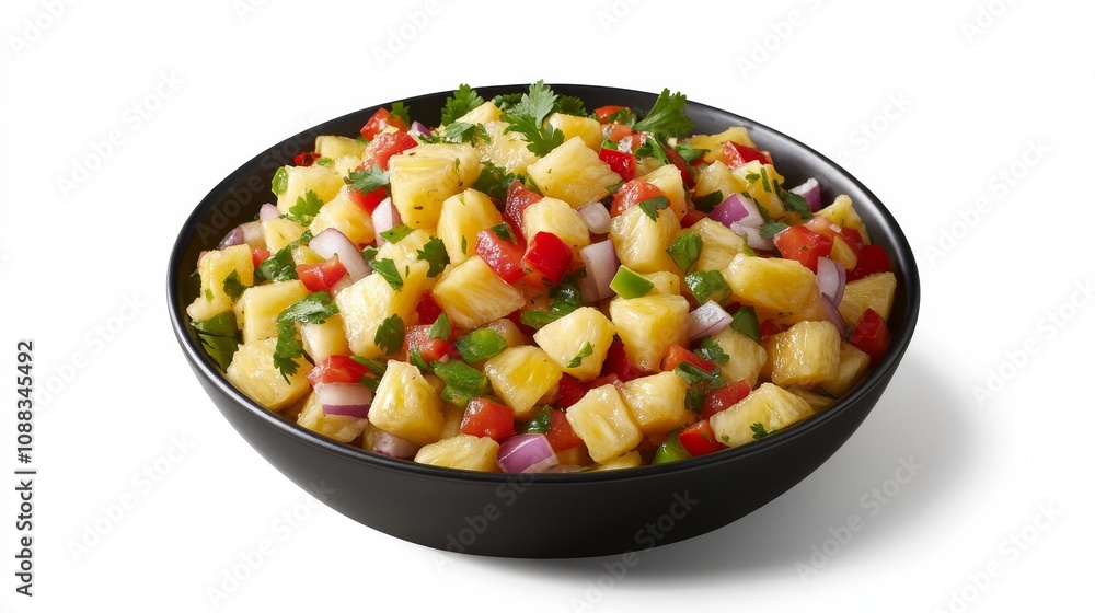 A bowl of tangy pineapple salsa with diced pineapple, red bell pepper, red onion A bowl of tangy pineapple salsa with diced pineapple, red bell pepper, red onion