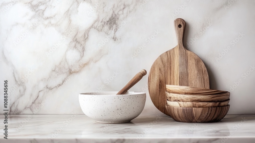 Minimalist kitchen counter with marble backsplash, showcasing wooden kitchenware including a bowl, mortar, and stacked plates for product mockups. Minimalist kitchen counter with marble backsplash, showcasing wooden kitchenware including a bowl, mortar, and stacked plates for product mockups.
