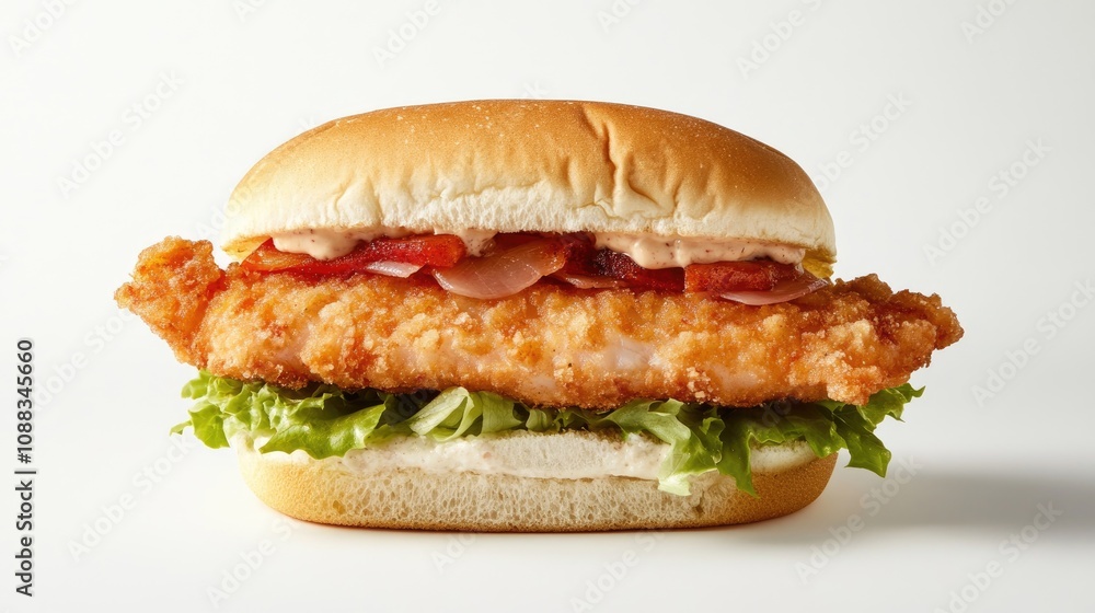 Crispy breaded fish sandwich layered with fresh lettuce, tomatoes, and a creamy sauce on a soft bun against a clean white background. Crispy breaded fish sandwich layered with fresh lettuce, tomatoes, and a creamy sauce on a soft bun against a clean white background.