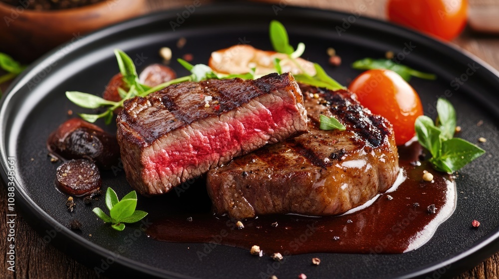 Succulent steak cooked to perfection, presented on a dark plate with rich sauce, vibrant garnishes, and accompaniments creating a gourmet highlight. Succulent steak cooked to perfection, presented on a dark plate with rich sauce, vibrant garnishes, and accompaniments creating a gourmet highlight.