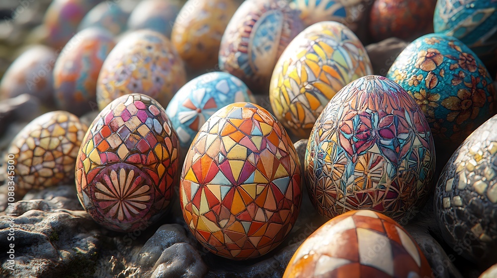 Easter eggs with elaborate mosaic designs, featuring detailed geometric patterns in vibrant colors, placed on a textured stone surface, photorealistic textures, high-detail rendering, Easter eggs with elaborate mosaic designs, featuring detailed geometric patterns in vibrant colors, placed on a textured stone surface, photorealistic textures, high-detail rendering,