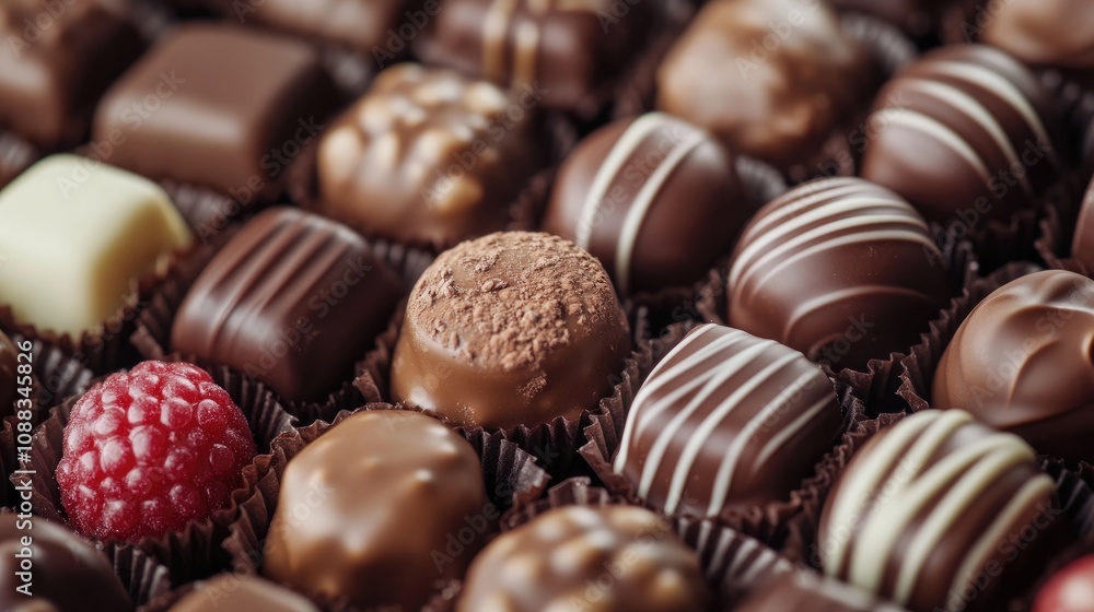 Close-up of an enticing variety of chocolate-covered candies featuring dark, milk, and white chocolates with decorative toppings and textures. Close-up of an enticing variety of chocolate-covered candies featuring dark, milk, and white chocolates with decorative toppings and textures.