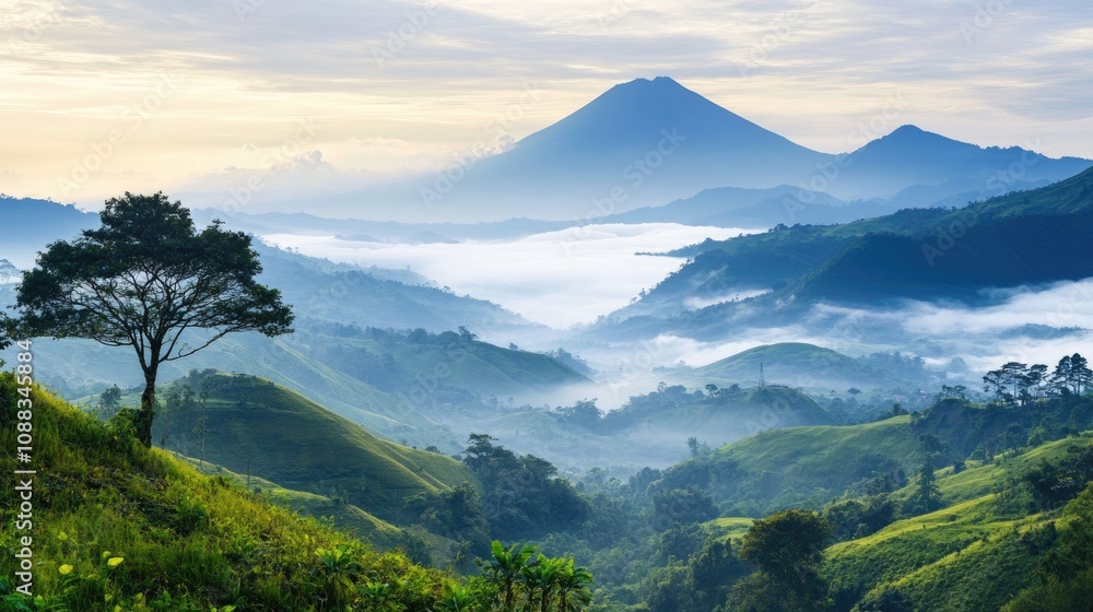 Dramatic misty volcanic mountains loom over lush highlands, creating a serene and atmospheric landscape with rolling hills and fog-filled valleys. Dramatic misty volcanic mountains loom over lush highlands, creating a serene and atmospheric landscape with rolling hills and fog-filled valleys.