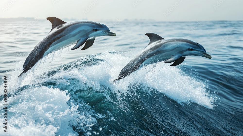 Fototapeta premium Aerial view of playful dolphins gracefully leaping above frothy ocean waves, highlighting the dynamic beauty of marine life and the vibrant essence of the sea.