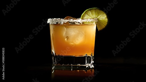 Vibrant orange cocktail in a glass with a salted rim and lime garnish, illuminated against a sleek dark background, showcasing refreshing allure.