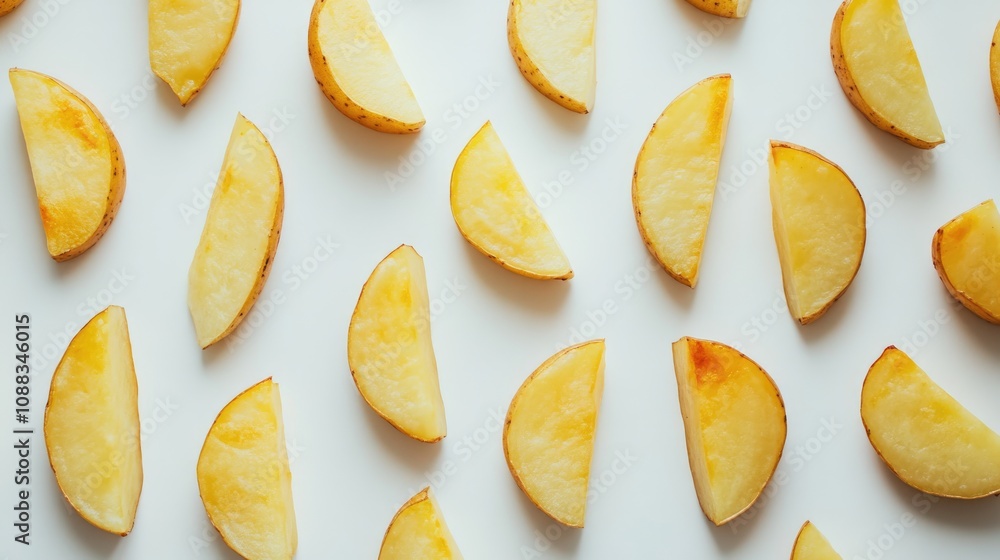Golden-brown potato wedges artfully spread out in a visually pleasing pattern against a clean white background. Golden-brown potato wedges artfully spread out in a visually pleasing pattern against a clean white background.