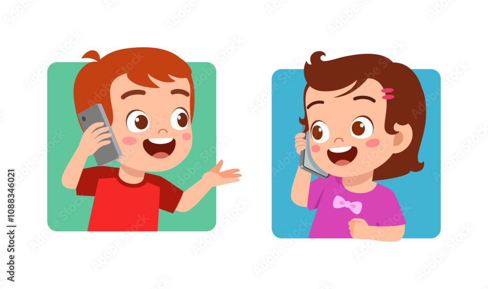 little kid communicate call using phone to friend little kid communicate call using phone to friend
