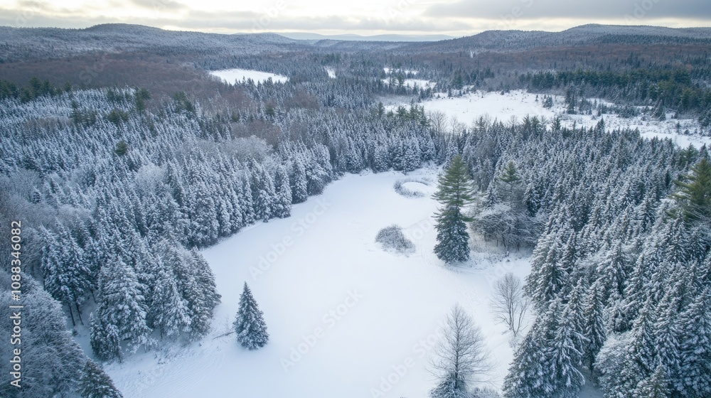 Aerial View of a Serene Snow-Covered Forest Highlighting Evergreen Trees Blanketed in Fresh Snow with a Frozen Pond and Rolling Hills in a Peaceful Winter Landscape Aerial View of a Serene Snow-Covered Forest Highlighting Evergreen Trees Blanketed in Fresh Snow with a Frozen Pond and Rolling Hills in a Peaceful Winter Landscape