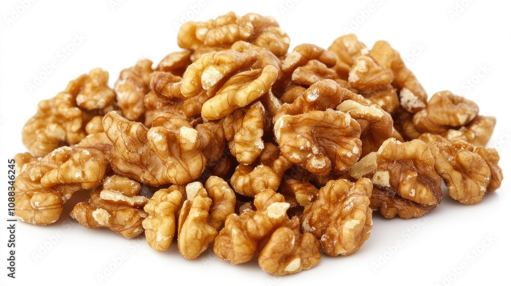 Freshly shelled walnuts arranged beautifully on a pristine white background, highlighting their rich, golden-brown color and textured surfaces. Freshly shelled walnuts arranged beautifully on a pristine white background, highlighting their rich, golden-brown color and textured surfaces.