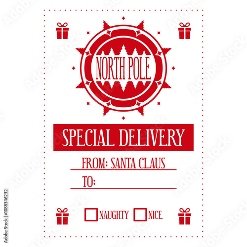 North pole special delivery. Christmas personalized gift box design. Holiday template for Xmas handmade gifts. Vector illustration