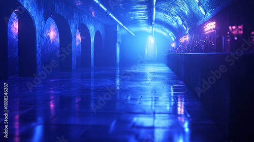 A looping 3D animation of a blue, virtual club in a tunnel.