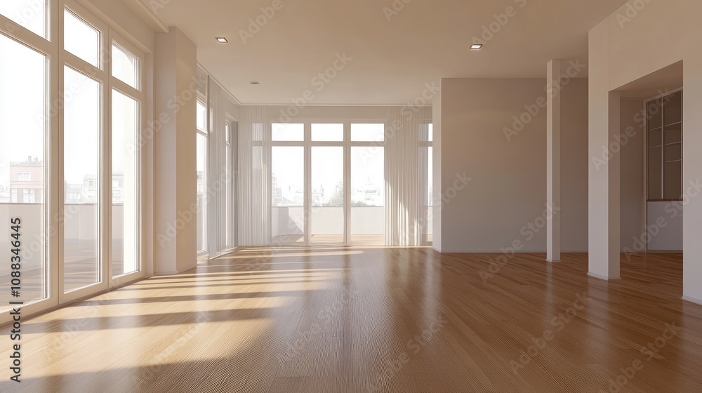 Obraz premium Spacious bright room with wooden flooring, large windows, and soft natural light illuminating the minimalist interior design.