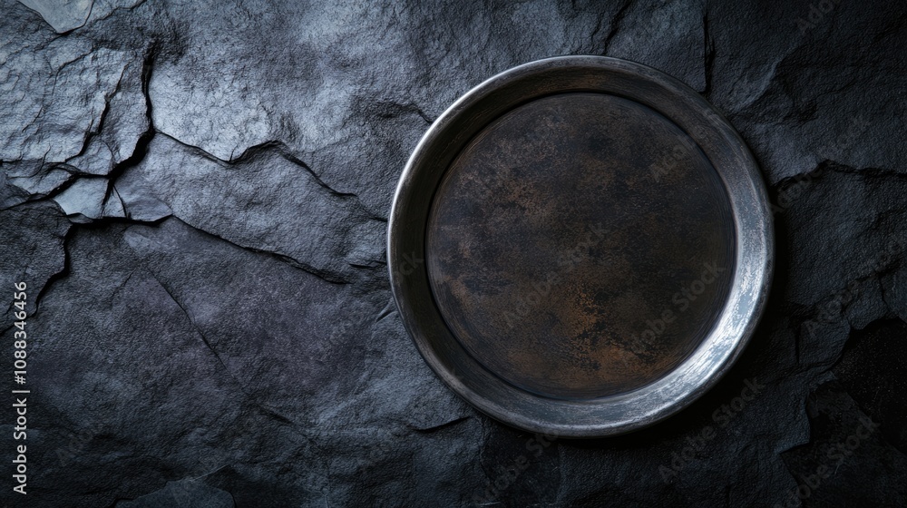 Distressed silver metal plate positioned on a textured dark stone wall, showcasing a vintage industrial aesthetic, perfect for urban-themed backgrounds. Distressed silver metal plate positioned on a textured dark stone wall, showcasing a vintage industrial aesthetic, perfect for urban-themed backgrounds.