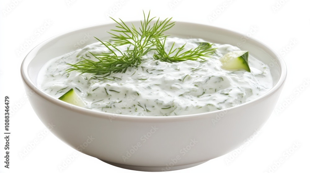 A bowl of tangy tzatziki sauce with cucumber, Greek yogurt, garlic A bowl of tangy tzatziki sauce with cucumber, Greek yogurt, garlic