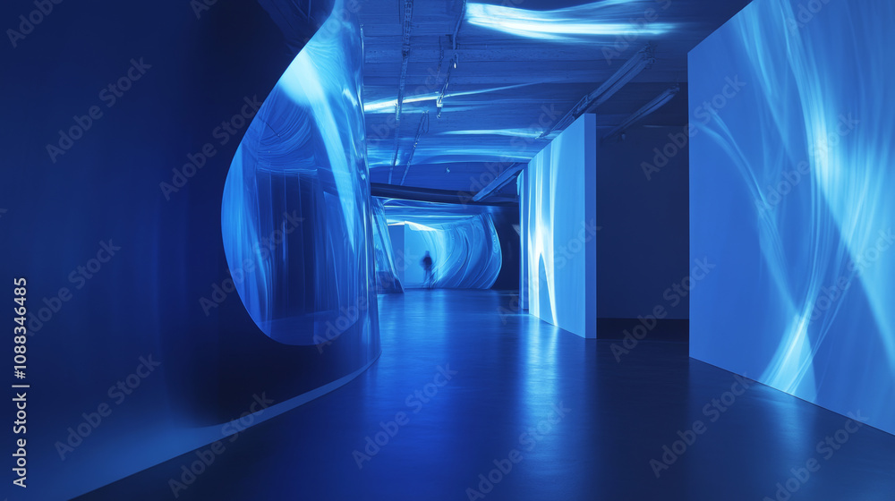 A looping 3D video shows a blue, abstract tunnel scene. It's a virtual reality event for the Tunnel Club. A looping 3D video shows a blue, abstract tunnel scene. It's a virtual reality event for the Tunnel Club.