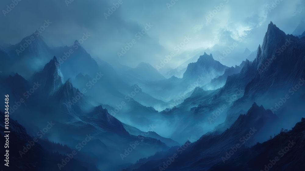 Misty mountainous landscape with dramatic peaks and valleys shrouded in a mysterious blue fog under a soft, ethereal light. Misty mountainous landscape with dramatic peaks and valleys shrouded in a mysterious blue fog under a soft, ethereal light.