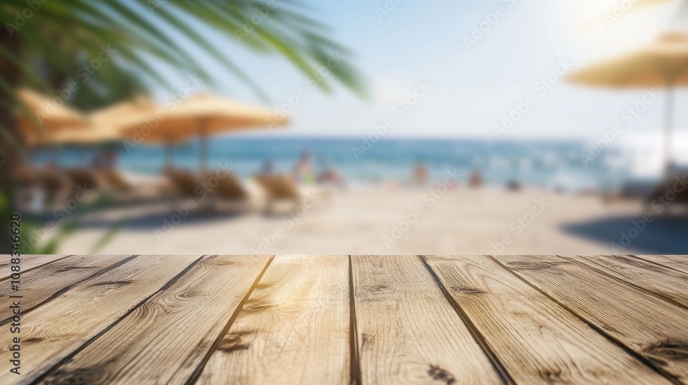 Fototapeta premium Wooden planks in the foreground with a sunlit beach and ocean blurred in the background, featuring umbrellas and beachgoers under a clear sky.