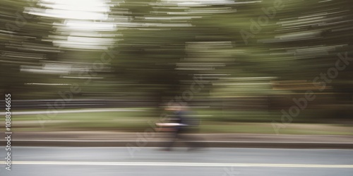 Person walking swiftly along a street surrounded by blurred greenery