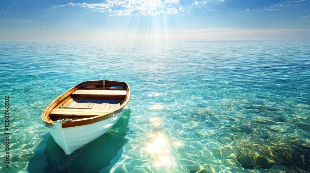 Naklejka premium A serene boat gently floating on crystal-clear turquoise water, bathed in warm sunlight, reflecting vibrant sparkles on the surface, surrounded by a tranquil ocean landscape.