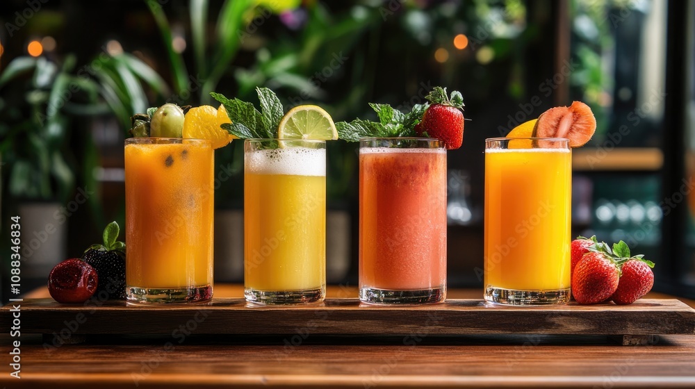 Colorful selection of fresh fruit juices in tall glasses adorned with mint and fruit garnishes on a rustic wooden table Colorful selection of fresh fruit juices in tall glasses adorned with mint and fruit garnishes on a rustic wooden table