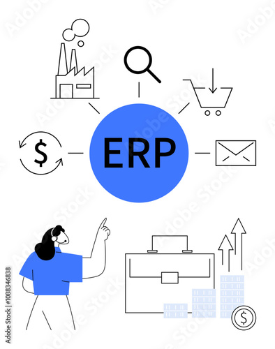 Female figure pointing at ERP surrounded by icons of factory, magnifying glass, shopping cart, email, money, suitcase, and bar chart. Ideal for business management, software solutions manufacturing