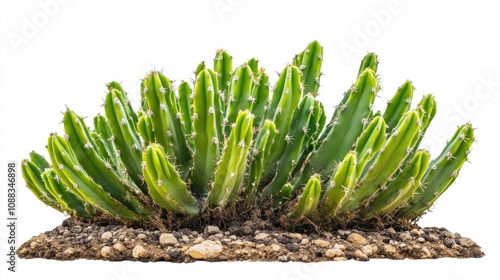 Thick green cactus with multiple upright branches and spines, growing on a textured soil base against a bright white background. photo