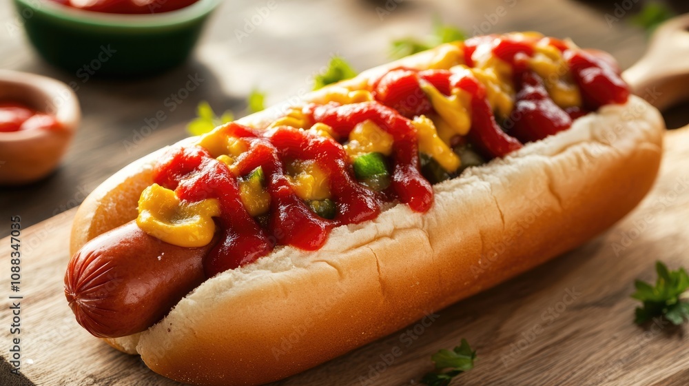 A flavorful hot dog in a soft bun drizzled with ketchup and mustard, garnished with green relish and served on a rustic wooden table. A flavorful hot dog in a soft bun drizzled with ketchup and mustard, garnished with green relish and served on a rustic wooden table.